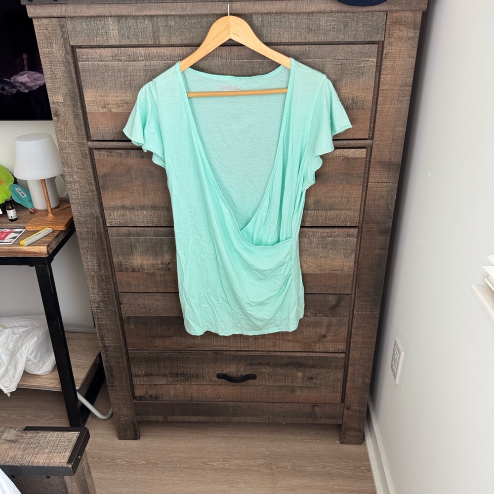 Lilly Pulitzer aqua faux wrap flutter sleeve Pima top size xl